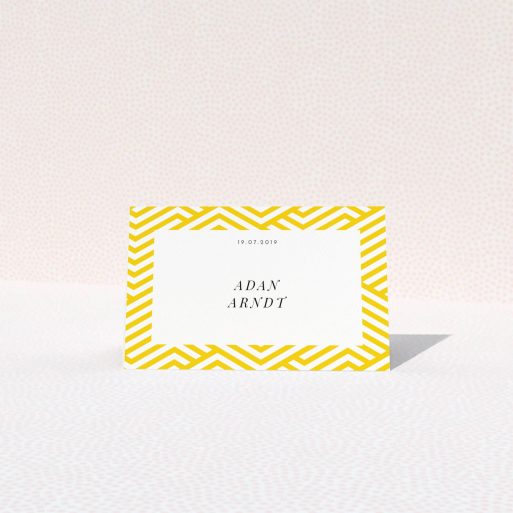Table Place Card Design - "Yellow lines" A table place card named "Yellow lines". It is an 85 x 55mm card in a landscape orientation. "Yellow lines" is available as a folded card, with tones of yellow and white.