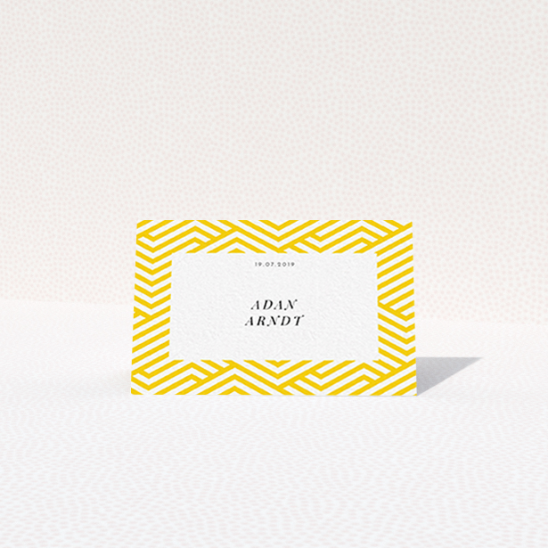 A table place card named "Yellow lines". It is an 85 x 55mm card in a landscape orientation. "Yellow lines" is available as a folded card, with tones of yellow and white.
