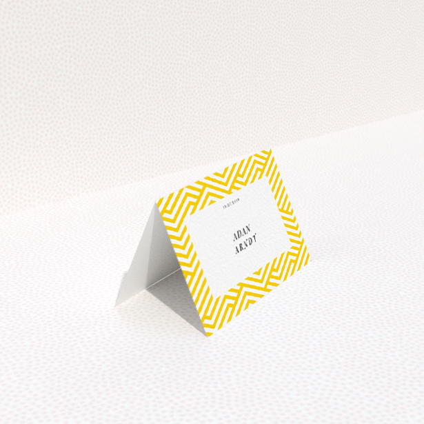 A table place card named "Yellow lines". It is an 85 x 55mm card in a landscape orientation. "Yellow lines" is available as a folded card, with tones of yellow and white.