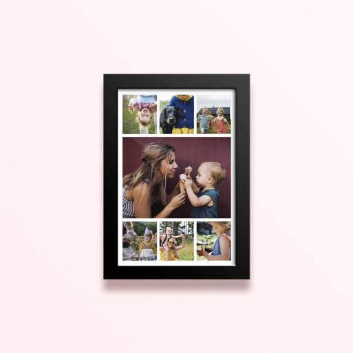Simple framed prints designs featuring eight photos in a collage format.