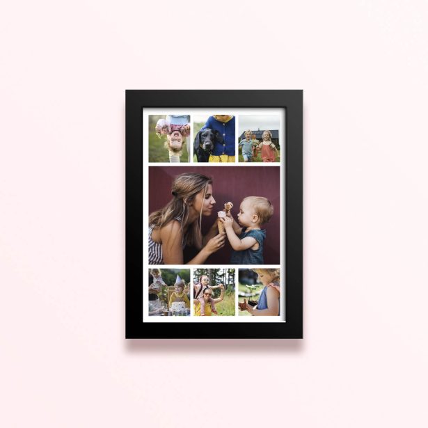 Simple framed prints designs featuring eight photos in a collage format.
