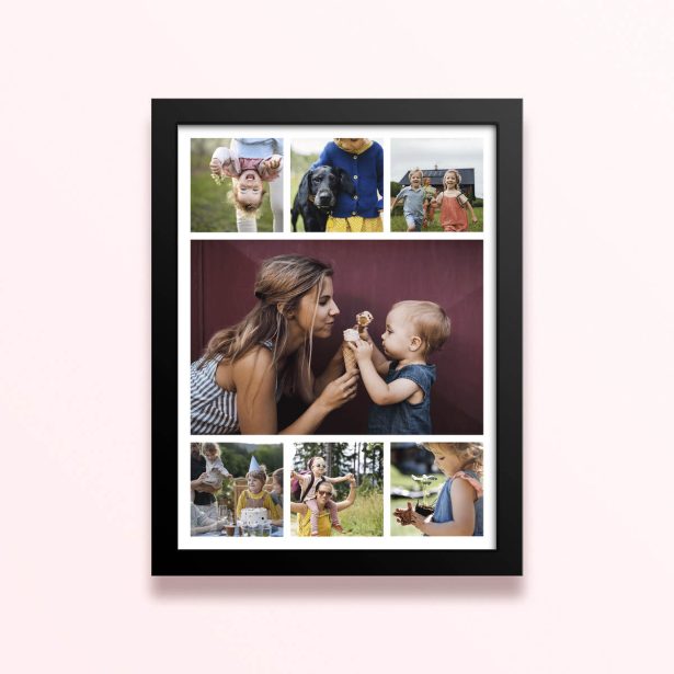 Simple framed prints designs featuring eight photos in a collage format.