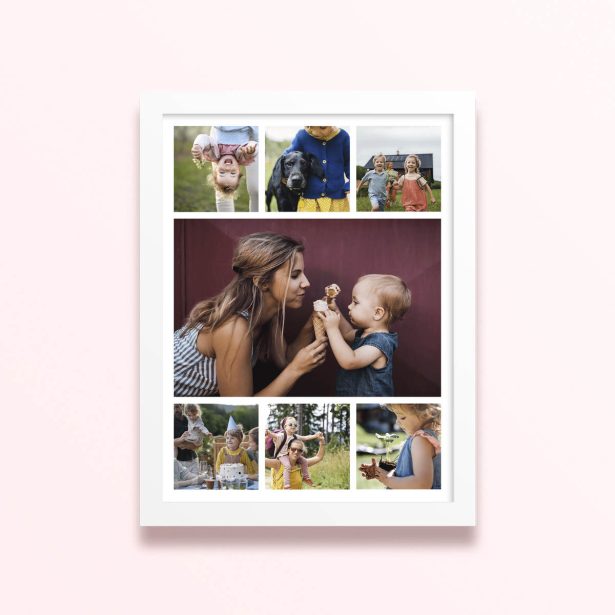 Simple framed prints designs featuring eight photos in a collage format.