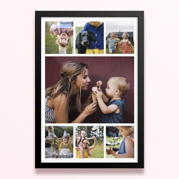 Simple framed prints designs featuring eight photos in a collage format.