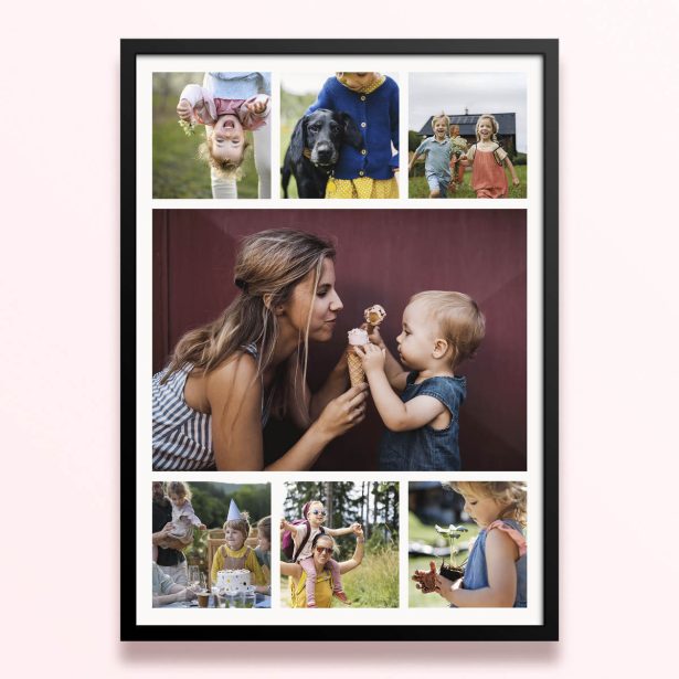 Simple framed prints designs featuring eight photos in a collage format.
