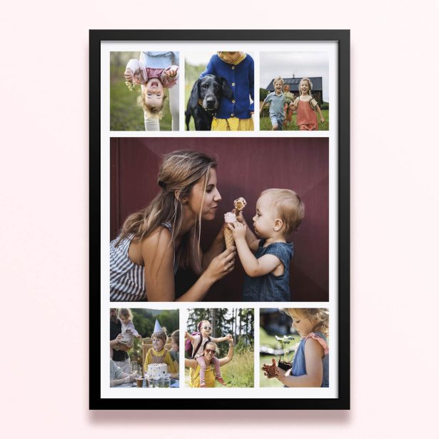 Simple framed prints designs featuring eight photos in a collage format.