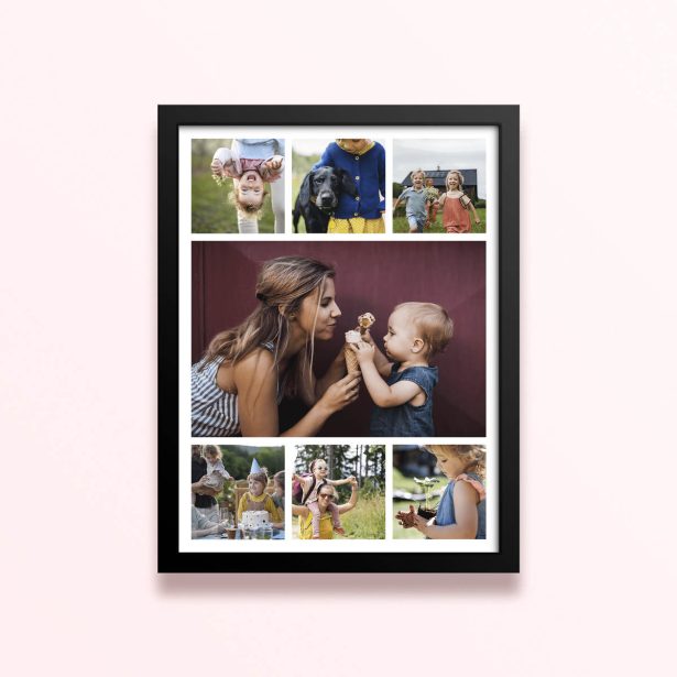 Simple framed prints designs featuring eight photos in a collage format.