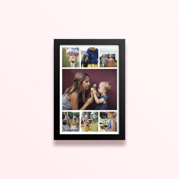 Simple framed prints designs featuring eight photos in a collage format.