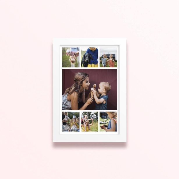 Simple framed prints designs featuring eight photos in a collage format.