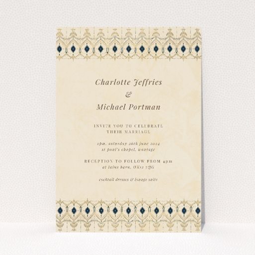 "Tapestry wedding invitation featuring classic symmetrical design with decorative border in muted gold, cream, and soft blue, exuding elegance and timeless appeal for announcing your special day with style and sophistication.". This is a view of the front