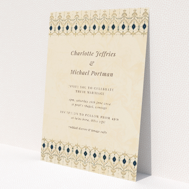 'Tapestry wedding invitation featuring classic symmetrical design with decorative border in muted gold, cream, and soft blue, exuding elegance and timeless appeal for announcing your special day with style and sophistication.'. This is a view of the front