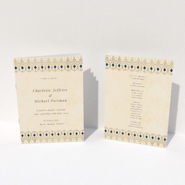 Utterly Printable Tapestry Wedding Order of Service A5 Portrait Booklet - Navy Blue and Gold Diamond Motifs on Warm Parchment Background with Serif Typeface. This image shows the front and back sides together