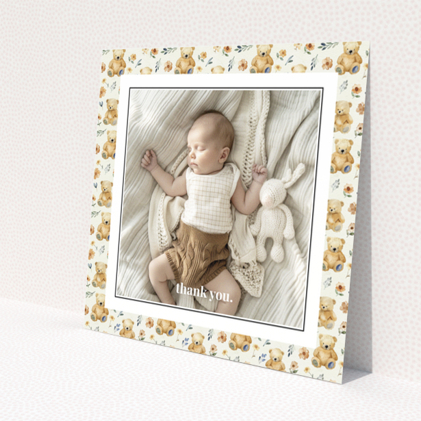 Baby thank you card with teddy bear and floral design featuring one photo.