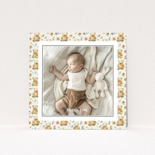 Baby thank you card with teddy bear and floral design featuring one photo.