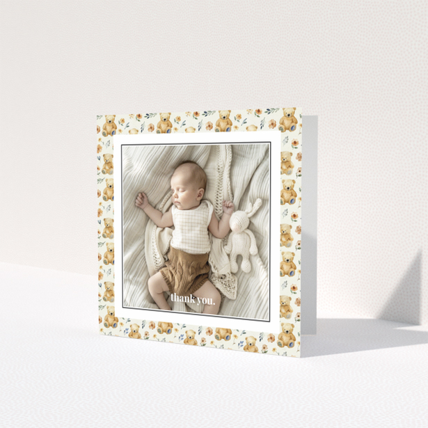 Baby thank you card with teddy bear and floral design featuring one photo.