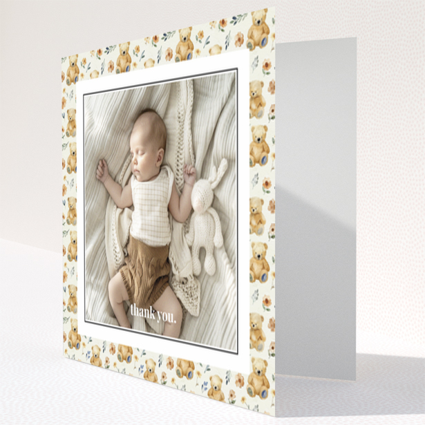 Baby thank you card with teddy bear and floral design featuring one photo.