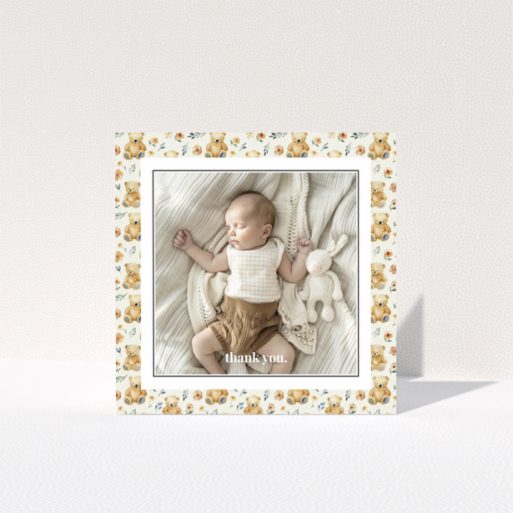 Baby thank you card with teddy bear and floral design featuring one photo.