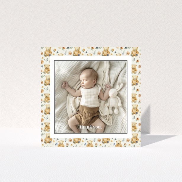 Baby thank you card with teddy bear and floral design featuring one photo.