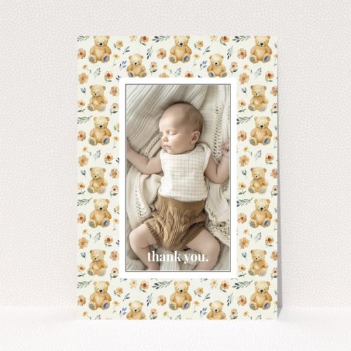 Baby thank you card with teddy bear and floral design featuring one photo.
