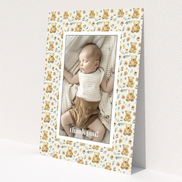 Baby thank you card with teddy bear and floral design featuring one photo.