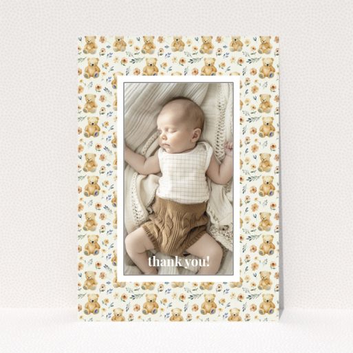 Baby thank you card with teddy bear and floral design featuring one photo.