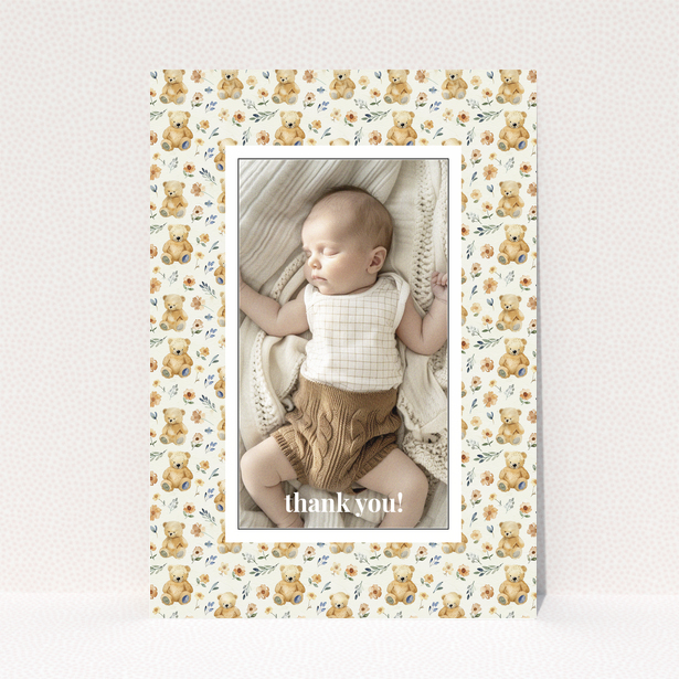 Baby thank you card with teddy bear and floral design featuring one photo.