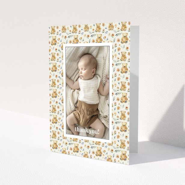 Baby thank you card with teddy bear and floral design featuring one photo.