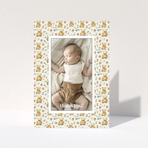 Baby thank you card with teddy bear and floral design featuring one photo.