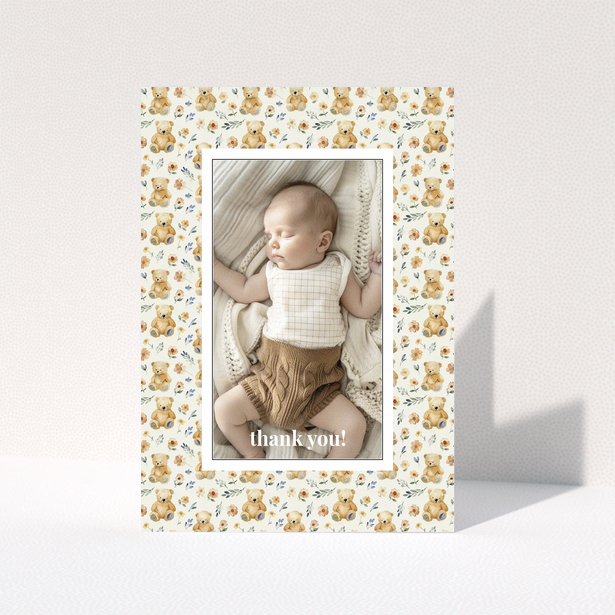 Baby thank you card with teddy bear and floral design featuring one photo.