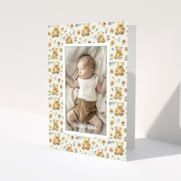 Baby thank you card with teddy bear and floral design featuring one photo.