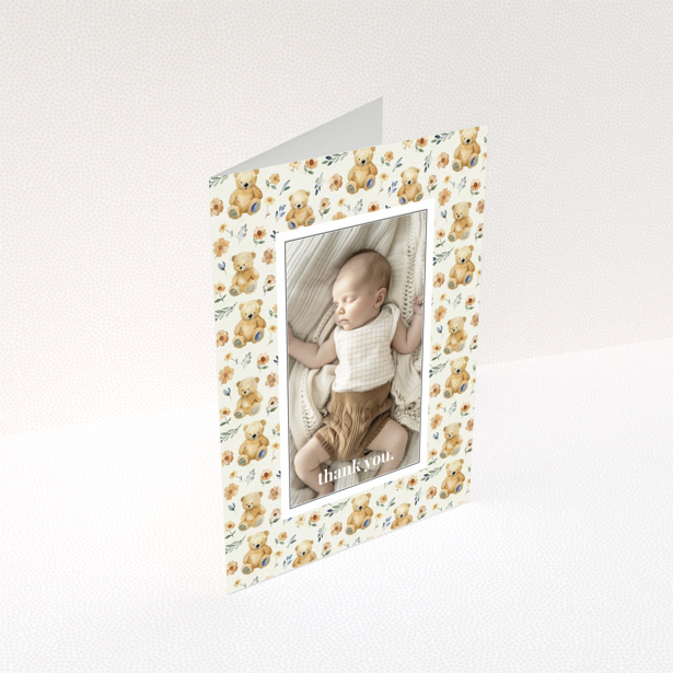 Baby thank you card with teddy bear and floral design featuring one photo.