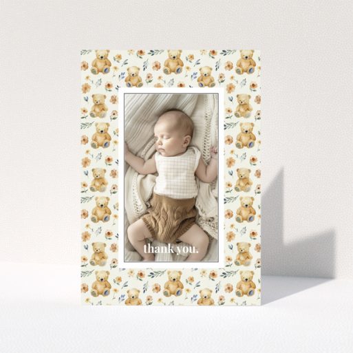 Baby thank you card with teddy bear and floral design featuring one photo.