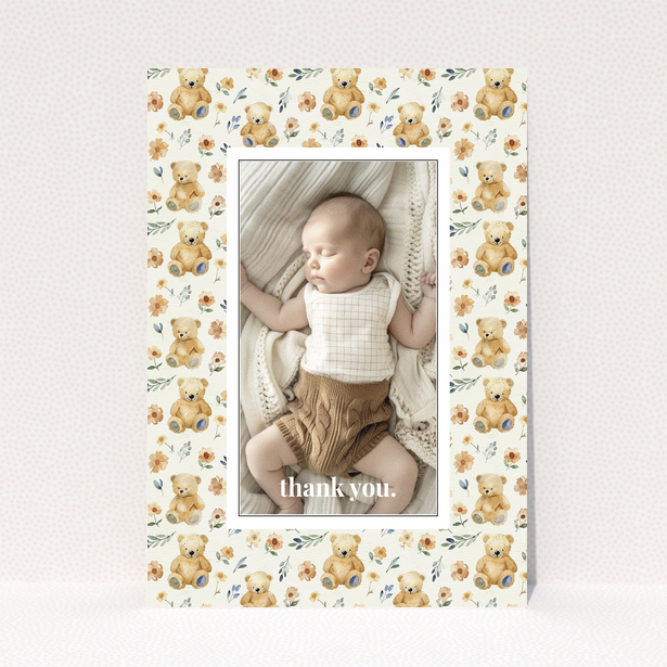 Baby thank you card with teddy bear and floral design featuring one photo.