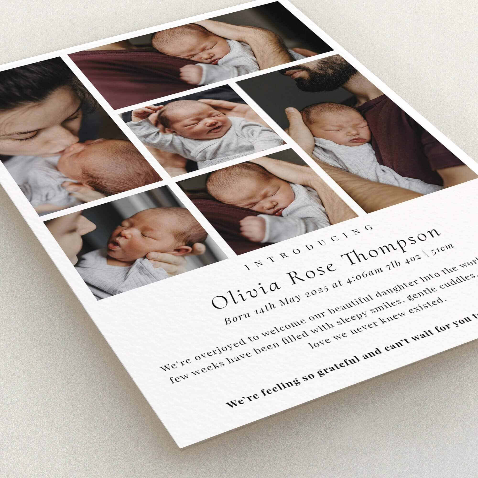 Baby birth announcement card design with six photos and a personalised introduction.