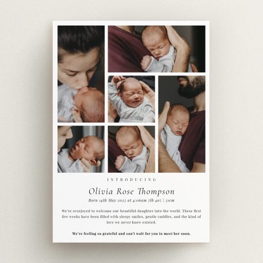 Baby birth announcement card design with six photos and a personalised introduction.