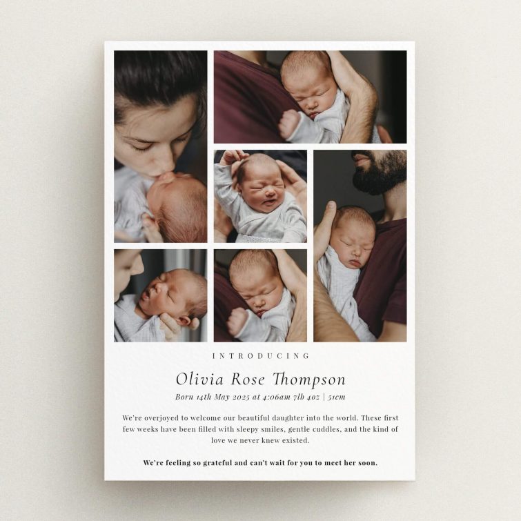 Baby birth announcement card design with six photos and a personalised introduction.