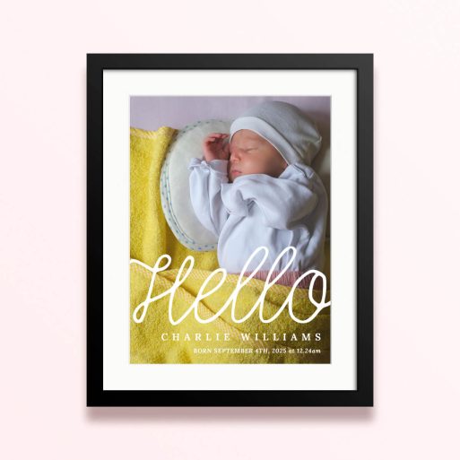 Framed and mounted photo print featuring a single image of a sleeping baby with text overlays for customisation.