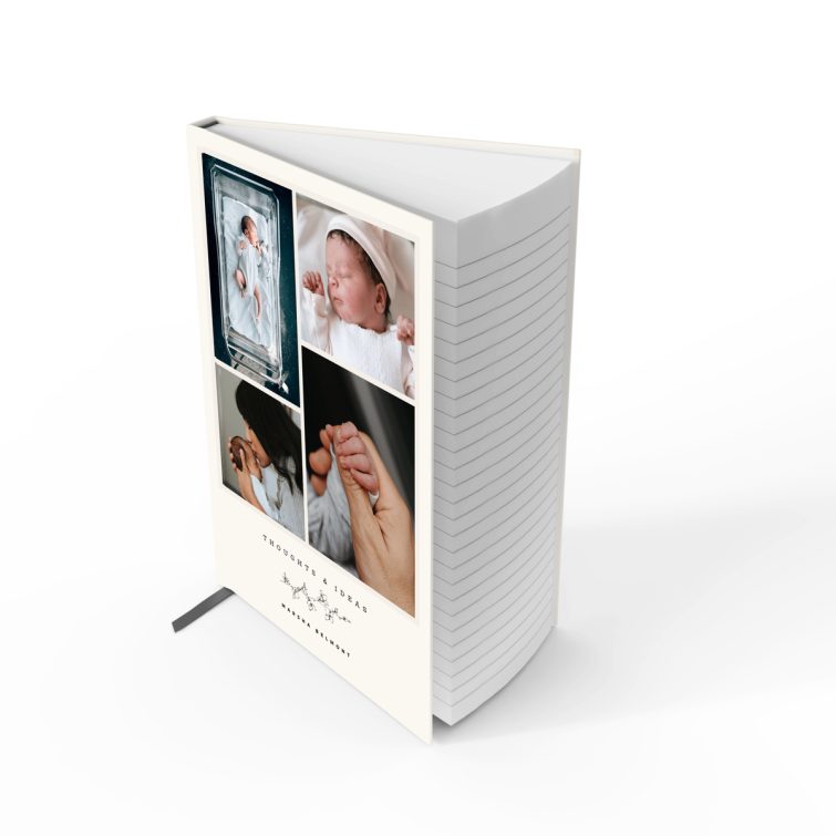 Portrait orientation personalised notebooks design with four photos, ideal for storing thoughts and ideas, from Utterly Printable.