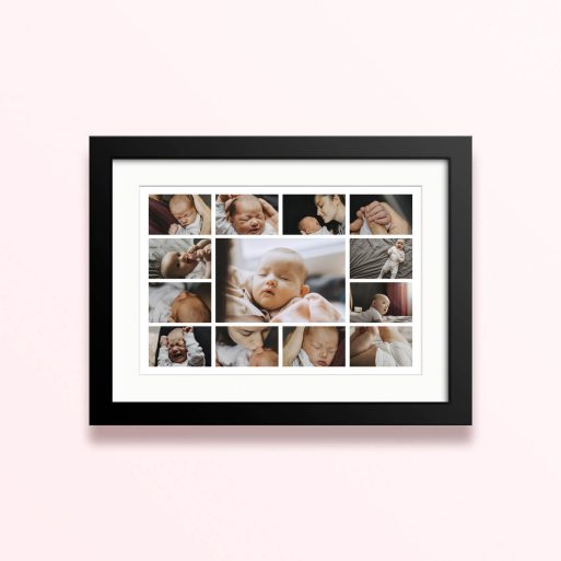 Collage of baby photos in a framed and mounted photo print with twelve individual pictures.