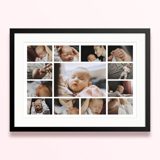 Collage of baby photos in a framed and mounted photo print with twelve individual pictures.