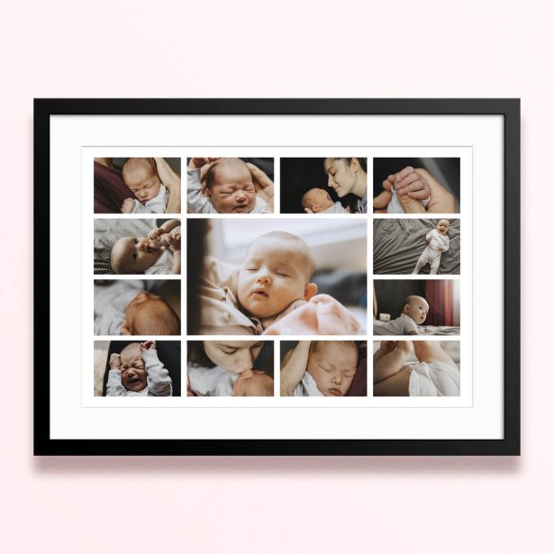 Collage of baby photos in a framed and mounted photo print with twelve individual pictures.