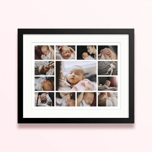 Collage of baby photos in a framed and mounted photo print with twelve individual pictures.