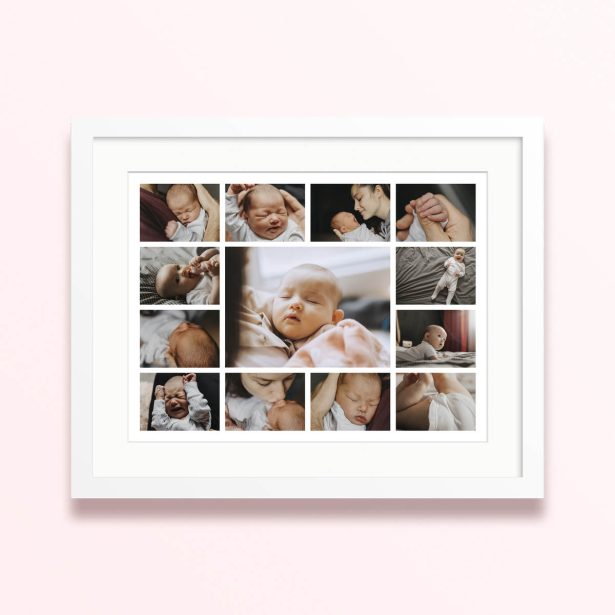 Collage of baby photos in a framed and mounted photo print with twelve individual pictures.