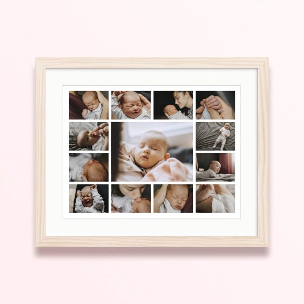 Collage of baby photos in a framed and mounted photo print with twelve individual pictures.