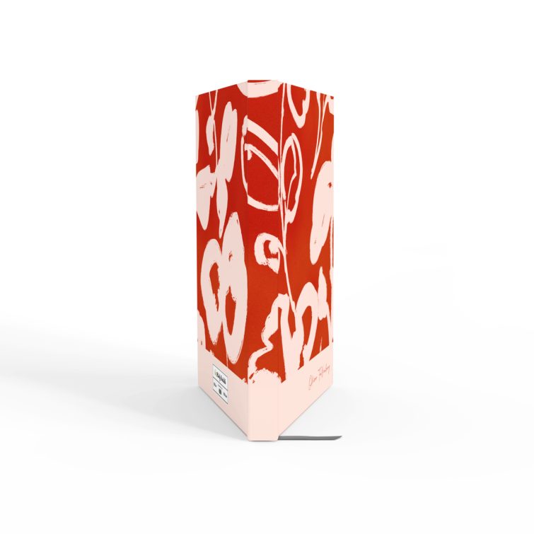 Floral design red notebook cover with white abstract patterns, featuring one photo placeholder.