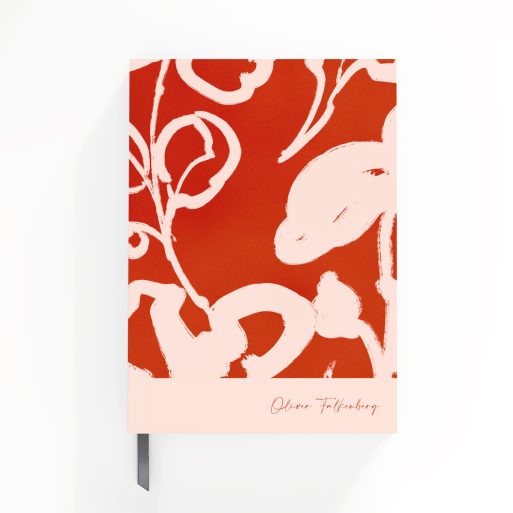 Floral design red notebook cover with white abstract patterns, featuring one photo placeholder.