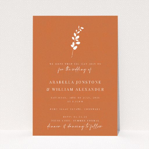 "Terracotta Sprig" wedding invitation featuring a minimalist white botanical sprig on a rich terracotta background, perfect for a modern and warm celebration This is a view of the front