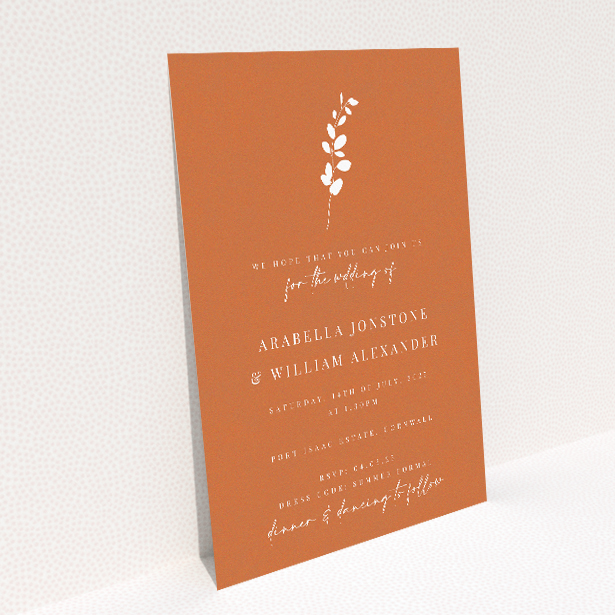 "Terracotta Sprig" wedding invitation featuring a minimalist white botanical sprig on a rich terracotta background, perfect for a modern and warm celebration This image shows the front and back sides together