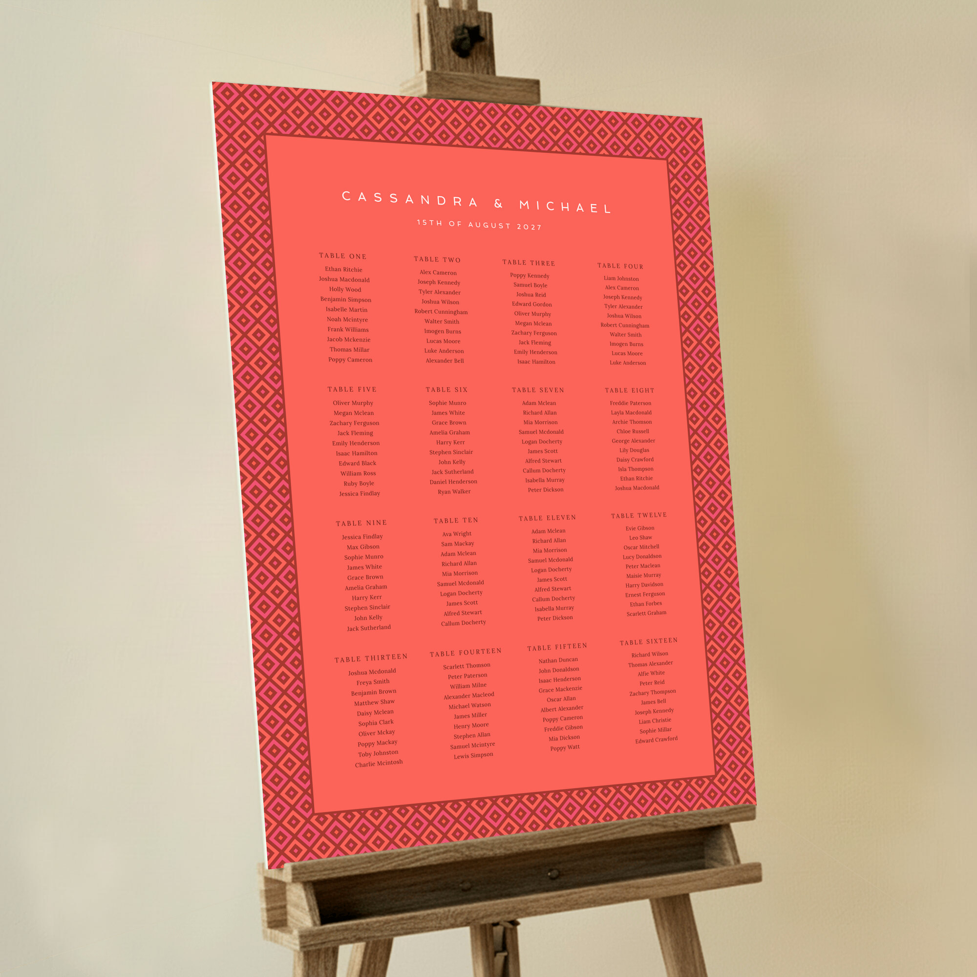 Personalized Tessellated Tiles Seating Plans with bold and elegant tessellated orange and pink squares on a pink background, adding a touch of modern sophistication to your wedding reception.. This template is formatted for 16 tables.