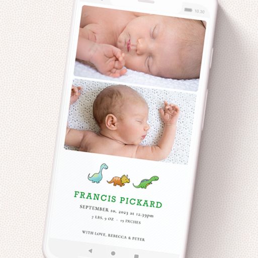 A text message birth announcement design titled 'BabySaurus'. It is a smartphone screen sized announcement in a portrait orientation. It is a photographic text message birth announcement with room for 3 photos. 'BabySaurus' is available as a flat announcement, with tones of white, green and light blue.